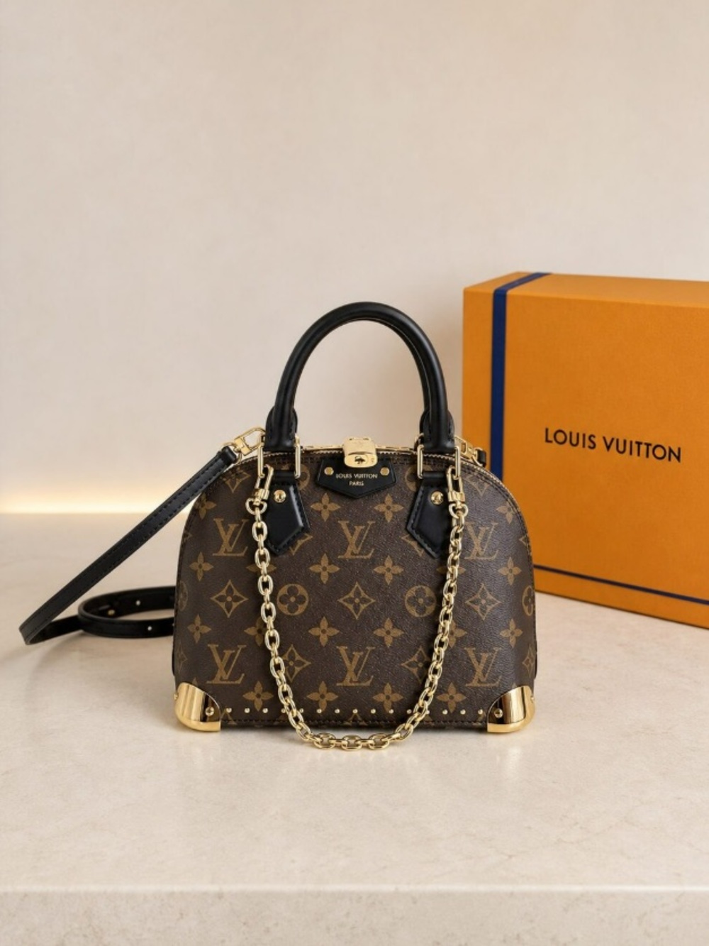 Louis Vuitton Brown Monogram Mini Alma Satchel with Gold Chain
